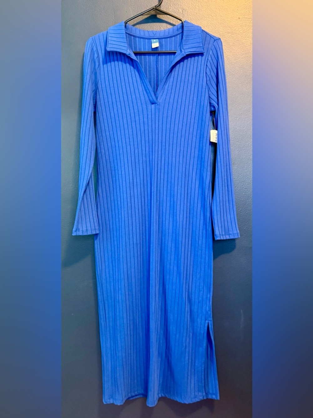 Blue Fitted Rib-Knit Midi Polo Dress
